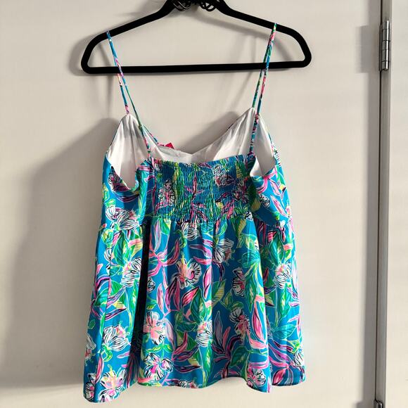 New Lilly Pulitzer Cadie Cami Top Turquoise Tie Front Smocked Sleeveless Sz 14 - Picture 7 of 7